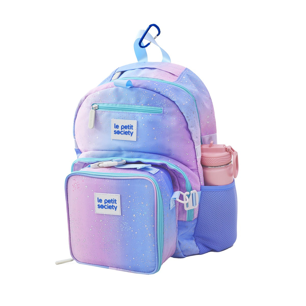 The LPS Kids Essential School Bundle in an ombre galaxy design, consisting of a single pocket school bag and mini lunch bag.