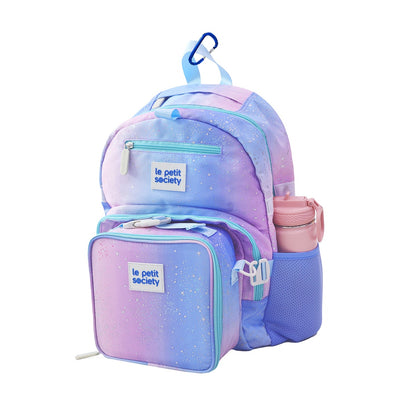 The LPS Kids Essential School Bundle in an ombre galaxy design, consisting of a single pocket school bag and mini lunch bag.