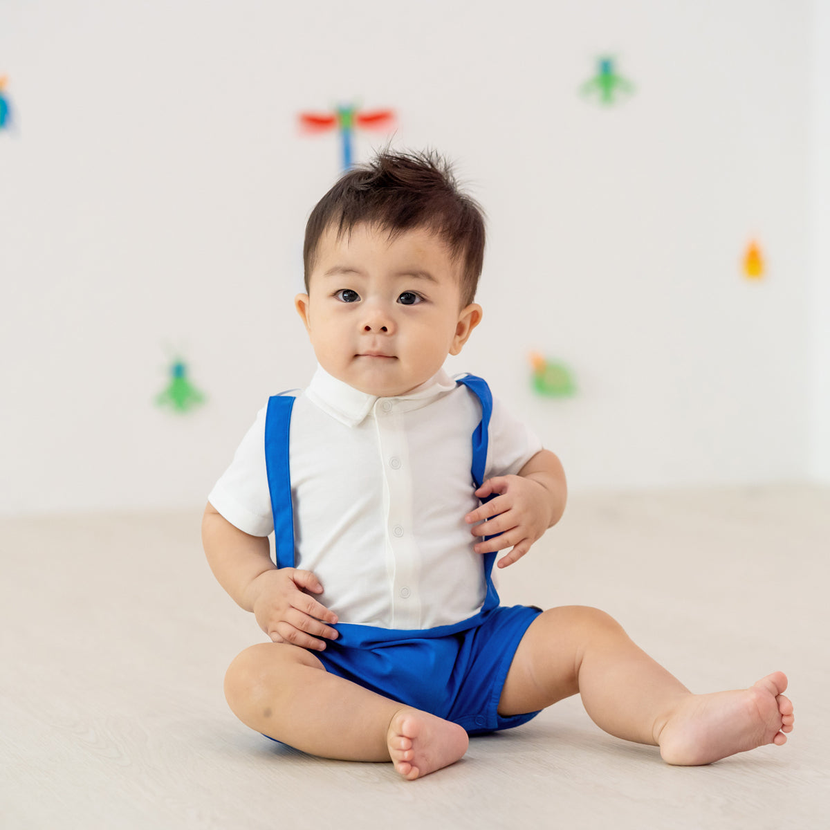 Garden Series - Baby Boy Suspender Romper in Blue by Le Petit Society — image 9