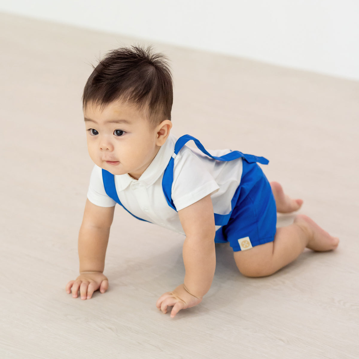 Garden Series - Baby Boy Suspender Romper in Blue by Le Petit Society — image 2