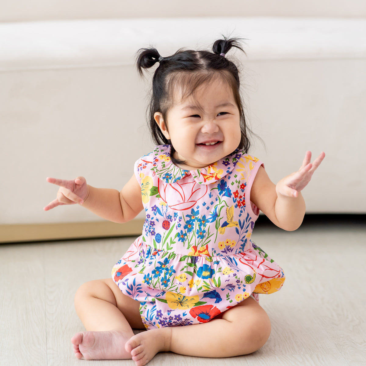 Garden Series - Baby Girl Bubble Romper in Pink by Le Petit Society — image 2