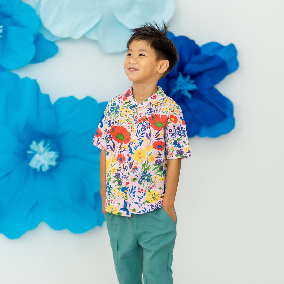 Garden Series - Boys Camp Collar Shirt in Pink by Le Petit Society — image 15