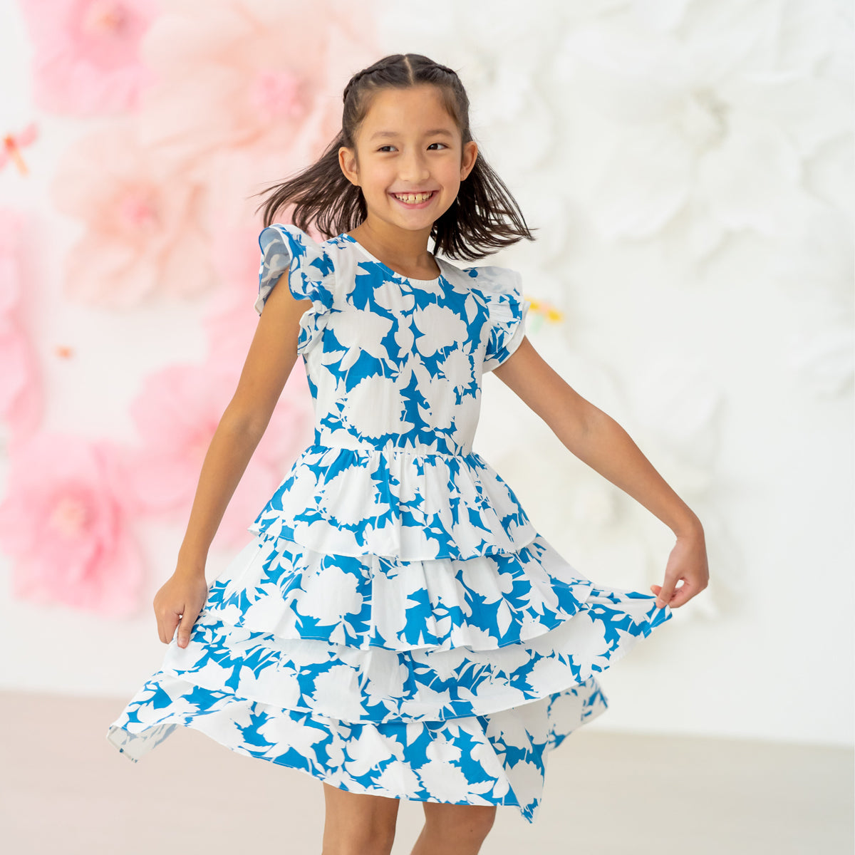 Garden Series - Girls Tiered Dress in Blue Floral by Le Petit Society — image 8