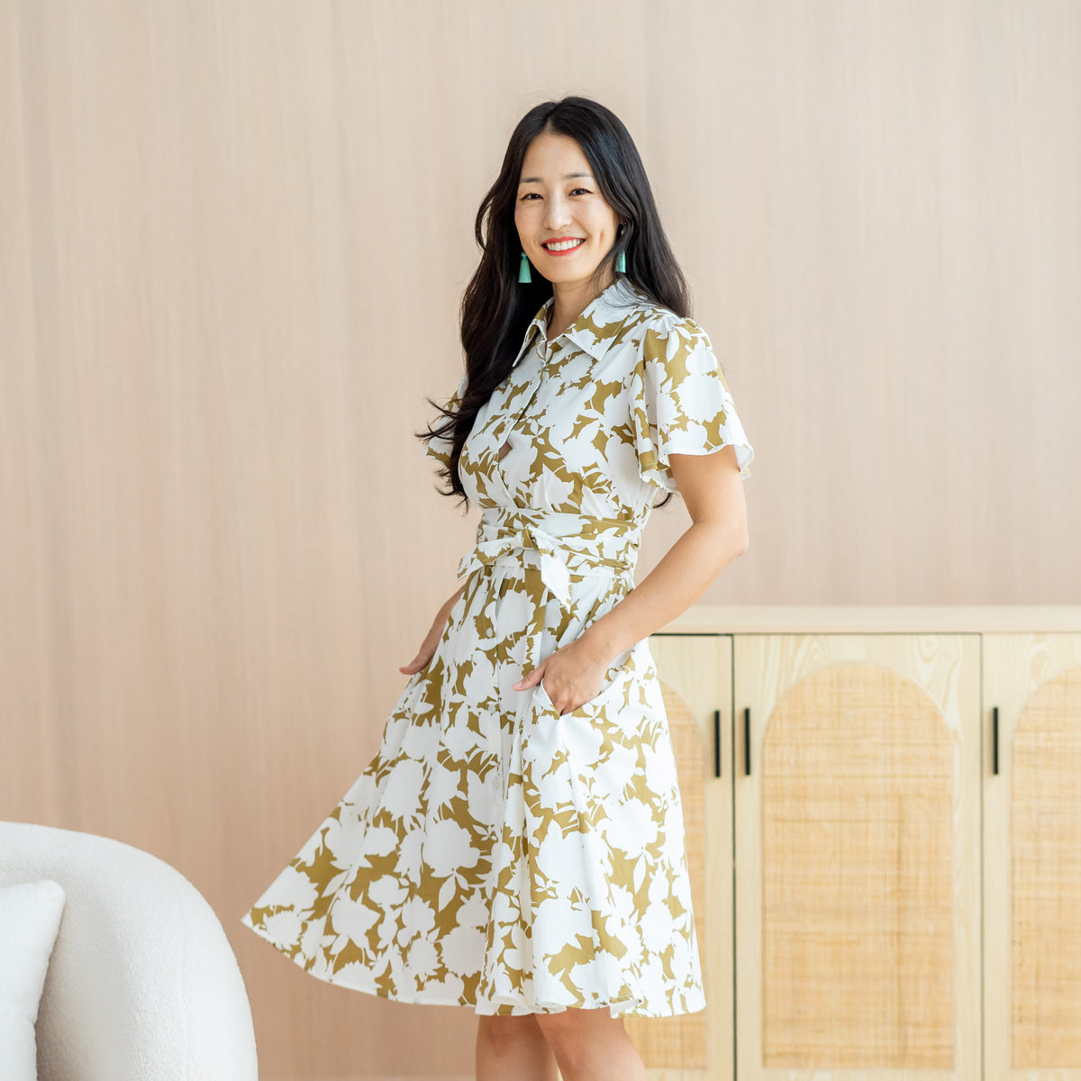 Garden Series - Ladies Shirt Dress in Ochre Floral by Le Petit Society — image 2