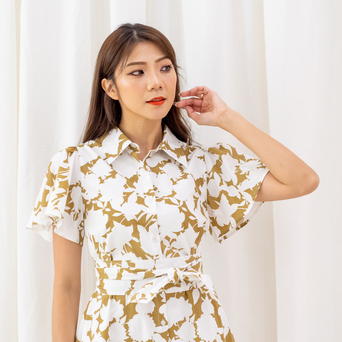 Garden Series - Ladies Shirt Dress in Ochre Floral by Le Petit Society — image 5