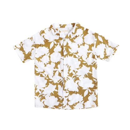 Garden Series - Boys Camp Collar Shirt in Ochre Floral by Le Petit Society — image 9