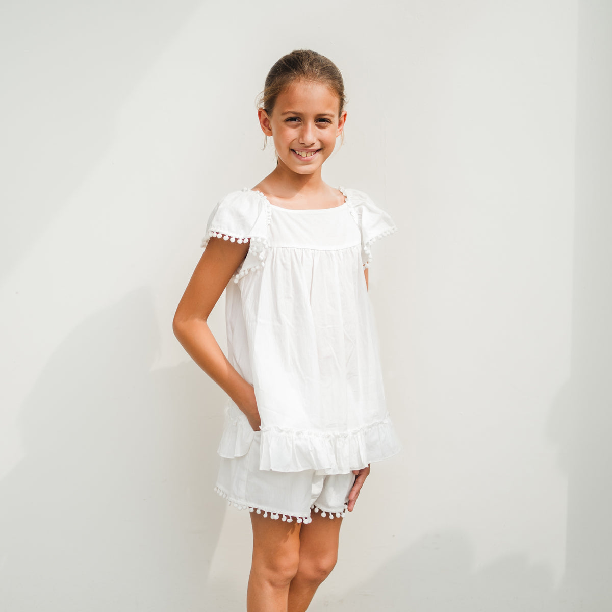 Resort Series - Girls Flutter Sleeves Baby Doll Top in White by Le Petit Society — image 4