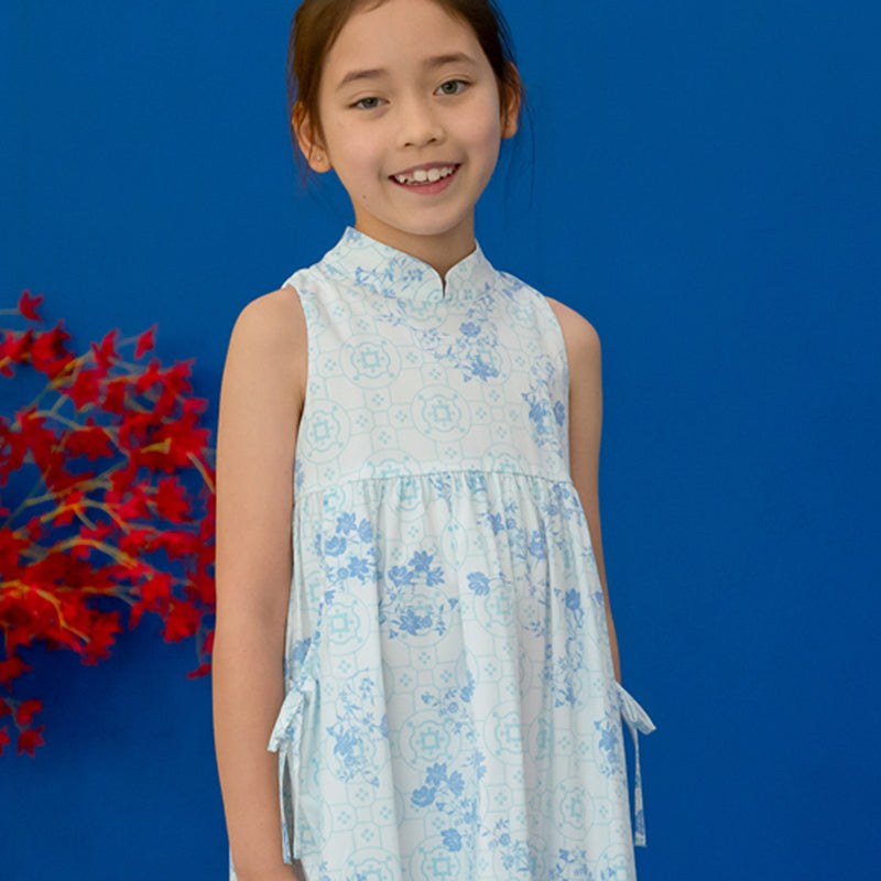 Chinese Motif Series - Girls Cheongsam in Blue Floral Motif by Le Petit Society — image 2