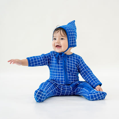 Organic Baby Bonnet Hat in Grid Print by Le Petit Society