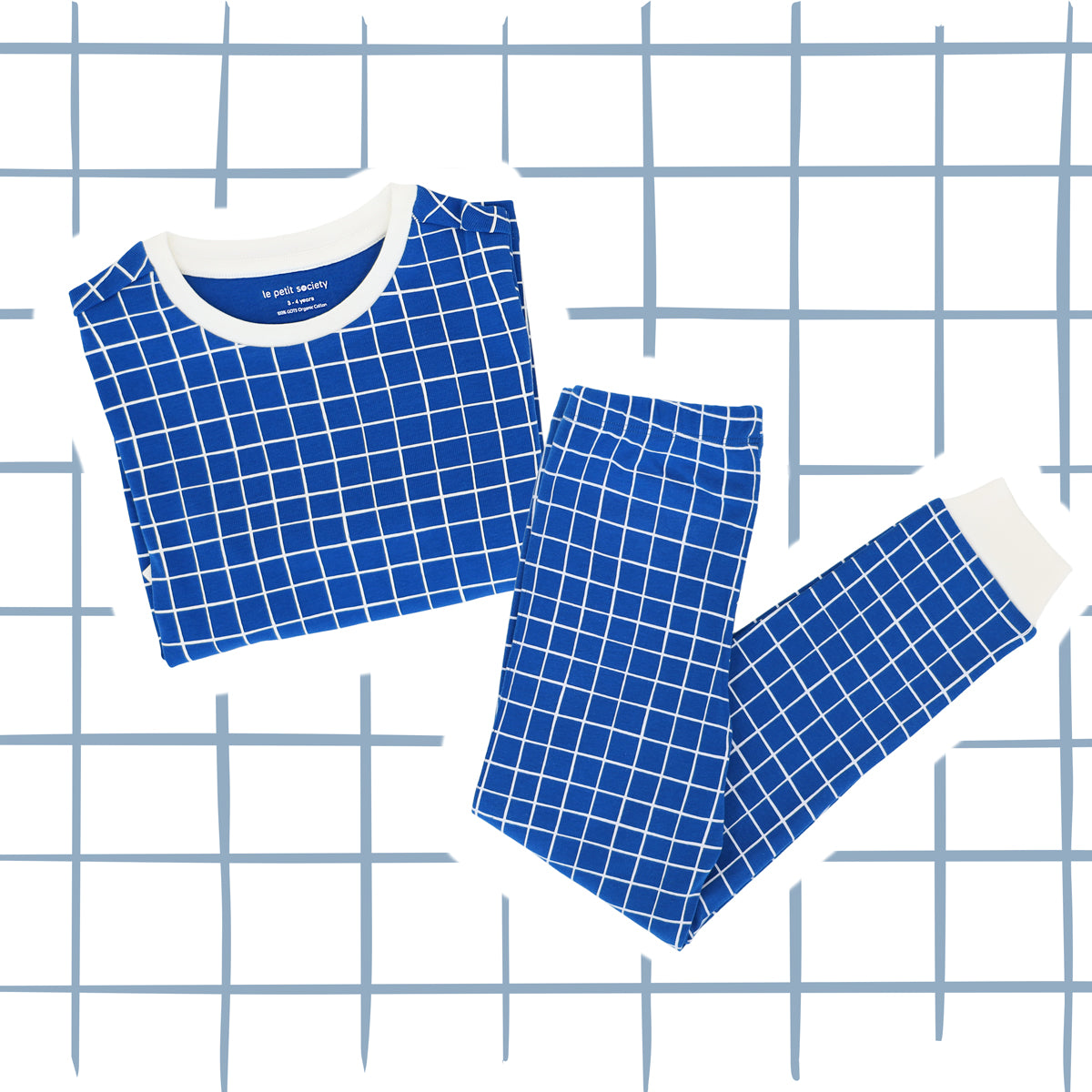 Kids Long Sleeve Organic Pyjamas Set in Grid Print by Le Petit Society — image 3