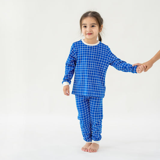 Kids Long Sleeve Organic Pyjamas Set in Grid Print by Le Petit Society