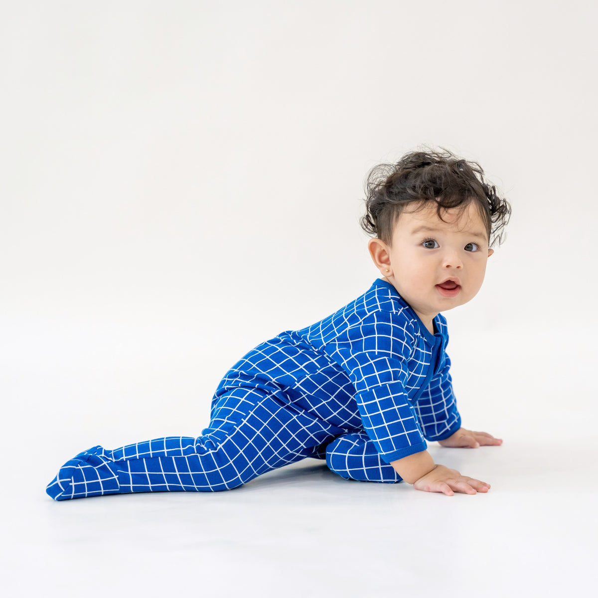 Baby Organic Zip Sleepsuit in Grid Print by Le Petit Society