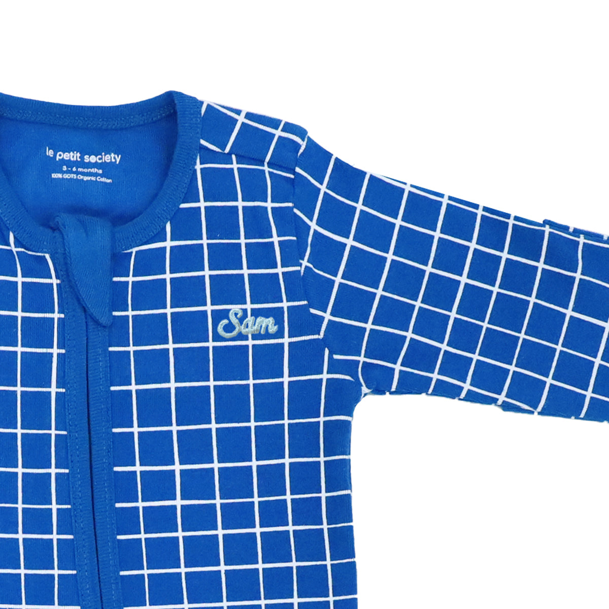 Baby Organic Zip Sleepsuit in Grid Print by Le Petit Society — image 13