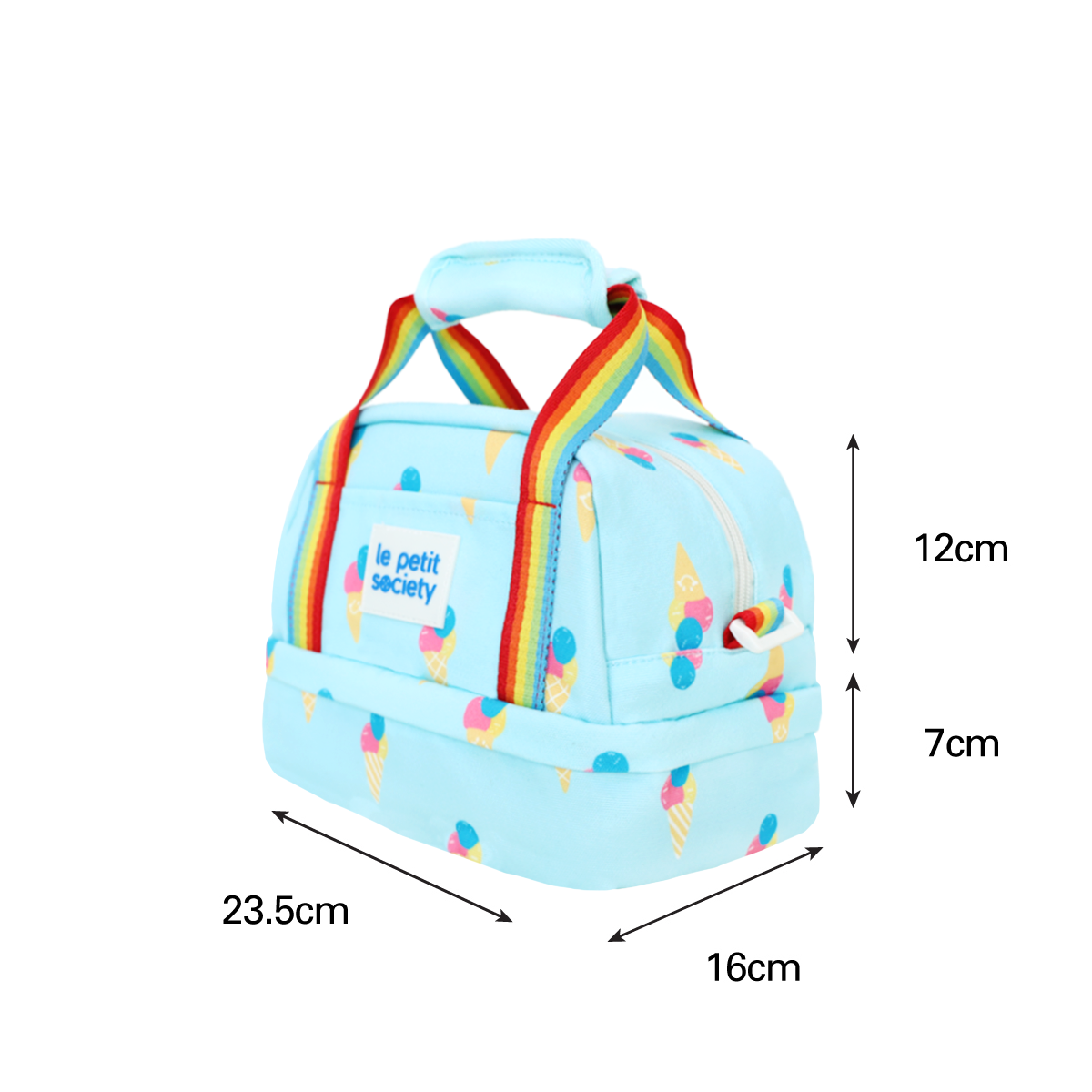 An infographic showing the dimensions of Le Petit Society's kid's thermal lunch bag.