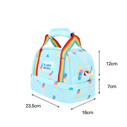 An infographic showing the dimensions of Le Petit Society's kid's thermal lunch bag.