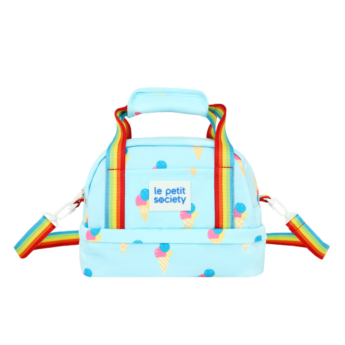 Le Petit Society's kid's thermal lunch bag in blue, with an ice-cream print and rainbow straps.