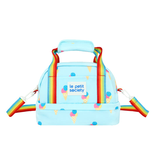 Le Petit Society's kid's thermal lunch bag in blue, with an ice-cream print and rainbow straps.