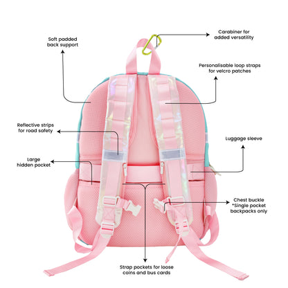 Various features of the LPS kids single pocket school bag.