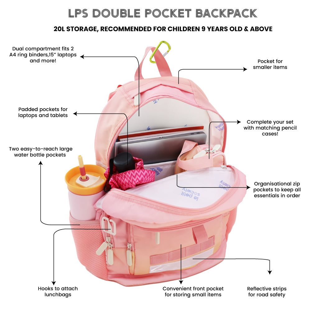 Infographic showing the various features of the LPS kids double pocket school bag.