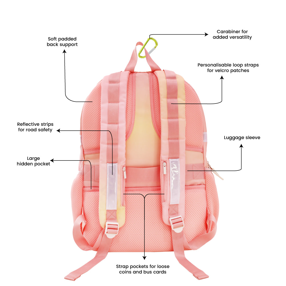 The various features of the LPS kids double pocket school bag.