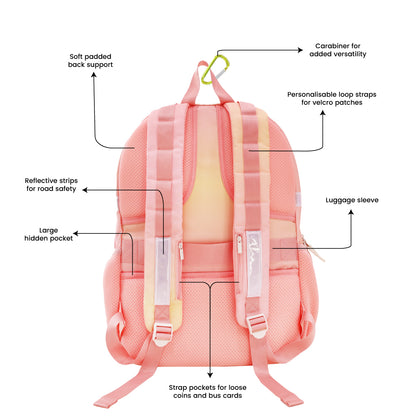 The various features of the LPS kids double pocket school bag.