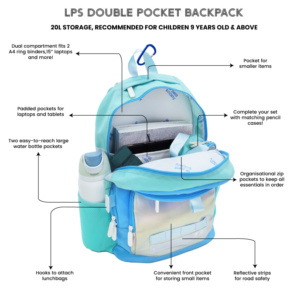 Infographic showing the various features of the LPS kids double pocket school bag.