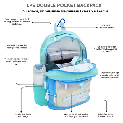 Infographic showing the various features of the LPS kids double pocket school bag.