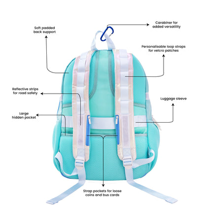 The various features of the LPS kids double pocket school bag.
