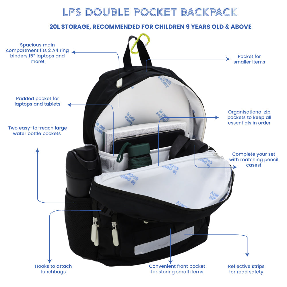 The various features of the LPS kids double pocket school bag.
