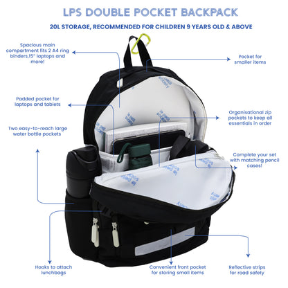 The various features of the LPS kids double pocket school bag.