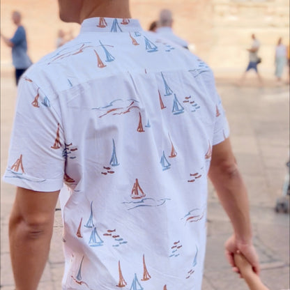 Resort Series - Men's White Shirt in Sail Boat Print by Le Petit Society