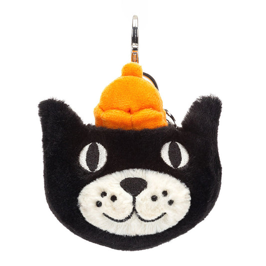 A front view of a plush black cat face keychain with embroidered eyes, white snout, and smiling expression, topped with a bright orange hat