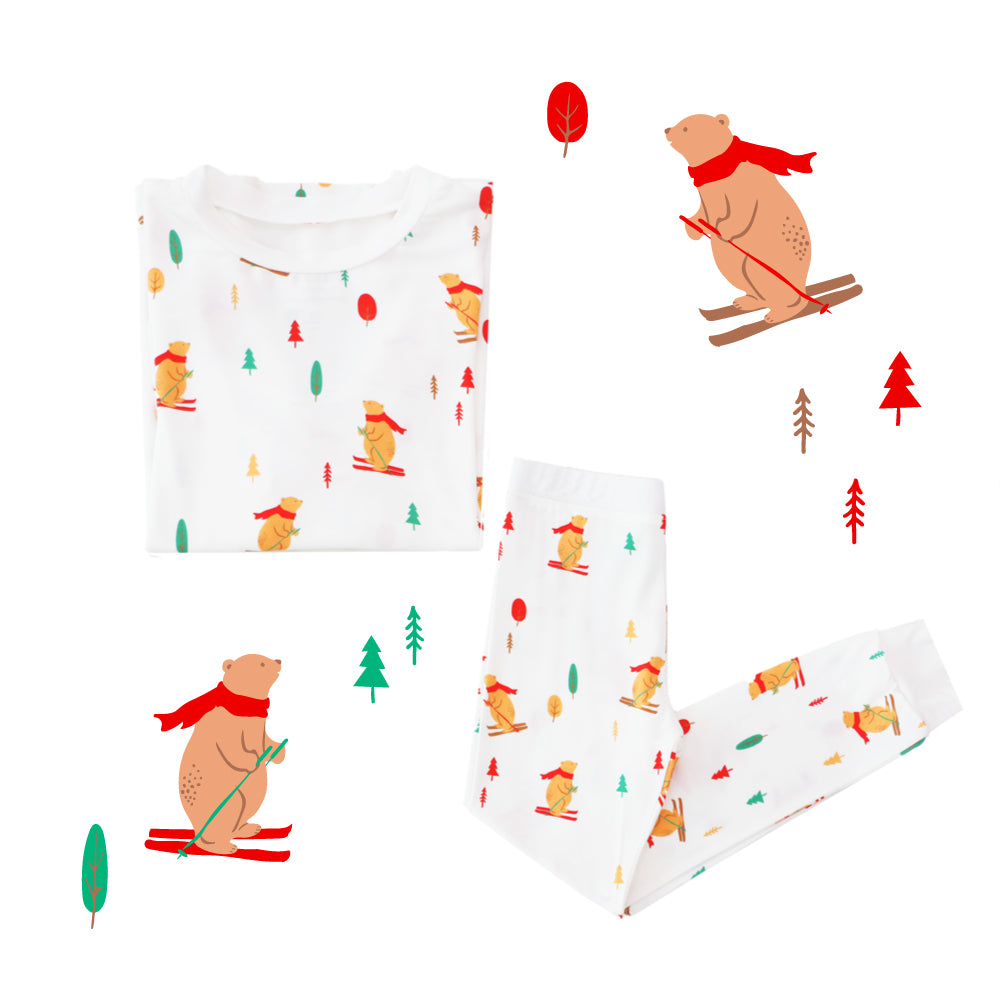 Kids Bamboo Pyjamas in Ski Bear Print by Le Petit Society — image 3