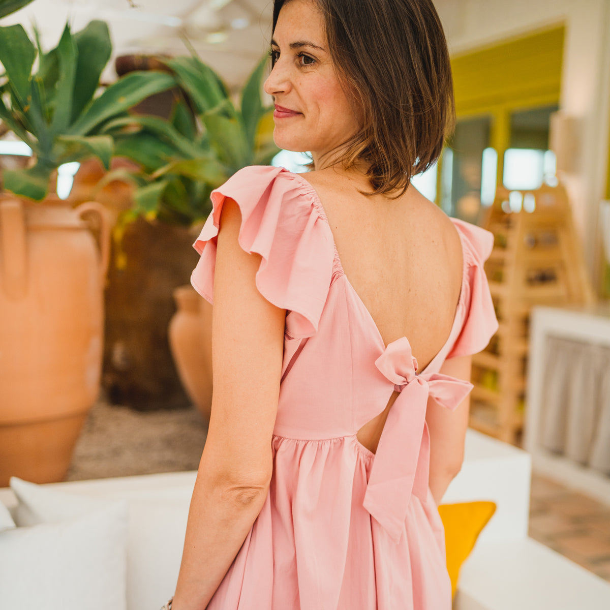 Resort Series - Ladies Flutter Sleeves Baby Doll Dress in Pink by Le Petit Society — image 12