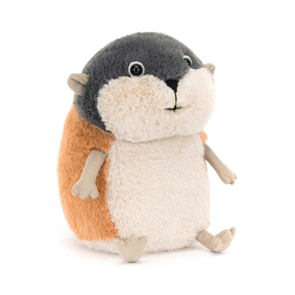 A front view of a plush lemming toy with soft tricolor fur‚Äîgray, white, and orange‚Äîfeaturing tiny limbs, round body, and cute embroidered details.