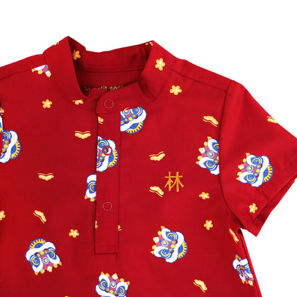 Lion Dance Series - Baby Boy Shirt Romper in Red by Le Petit Society — image 3
