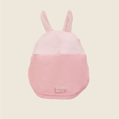 Baby Bunny Sunhat back view showing bunny ears, pink neck flap and Le Petit Society logo patch in blush pink