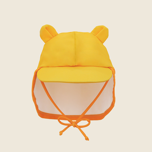 Baby Lion Sunhat front view with rounded lion ears, yellow visor, orange neck flap and adjustable chin tie
