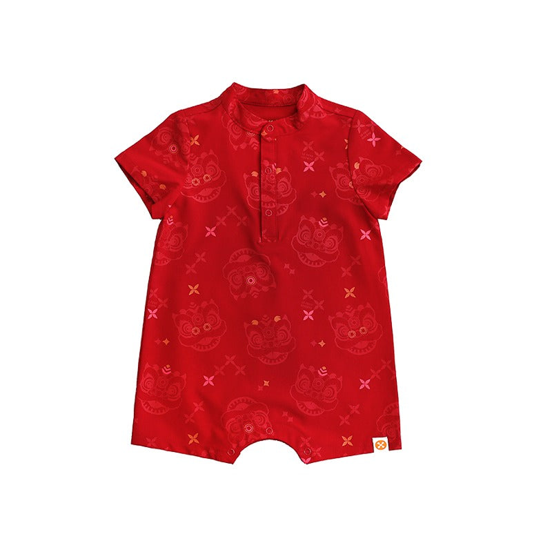 Lion Dance Series - Baby Boy Romper in Red Festive Lion Print by Le Petit Society — image 2