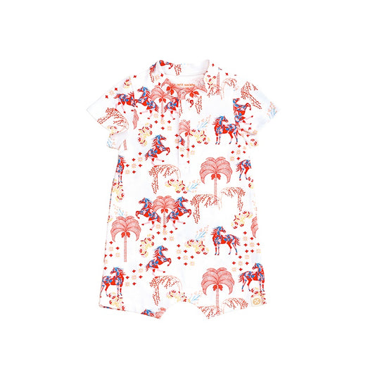 Zodiac Series - Baby Boy Jersey Romper in Red Carnival Horse Print by Le Petit Society