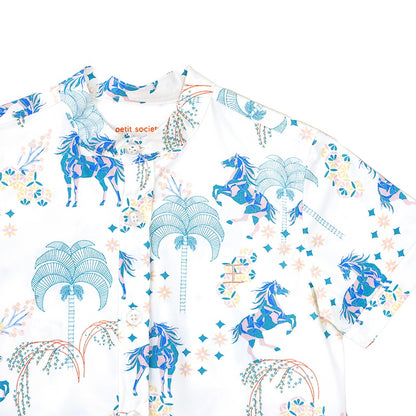 Zodiac Series - Boys Shirt in Teal Carnival Horse Print by Le Petit Society — image 7