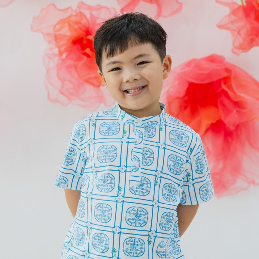 Heritage Series - Boys Jersey Shirt in Blue Peranakan Print by Le Petit Society — image 3