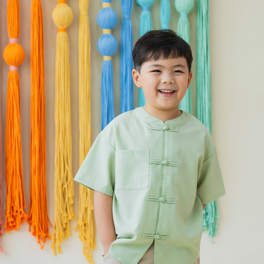 Heritage Series - Boys Mandarin Shirt in Jade by Le Petit Society — image 4