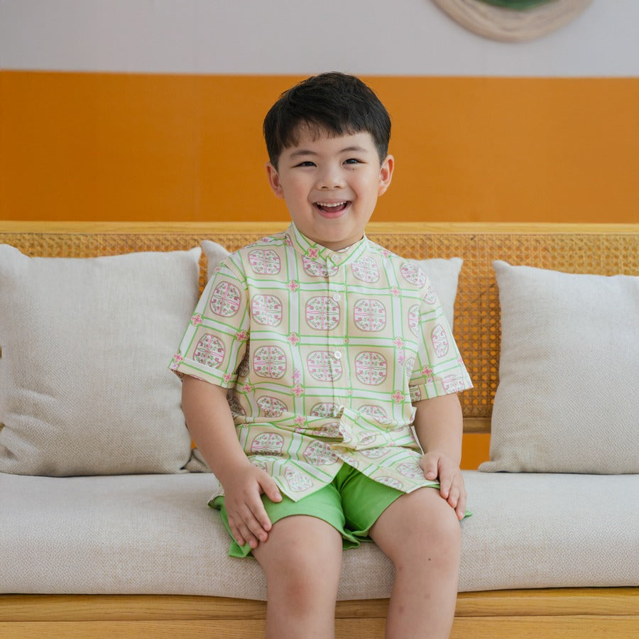 Heritage Series - Boys Shirt in Beige Peranakan Print by Le Petit Society — image 4