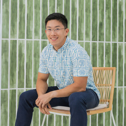 Heritage Series - Men's Mandarin Shirt in Blue Peranakan Print (Classic Fit) by Le Petit Society