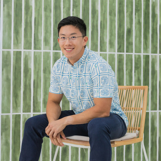 Heritage Series - Men's Mandarin Shirt in Blue Peranakan Print (Classic Fit) by Le Petit Society