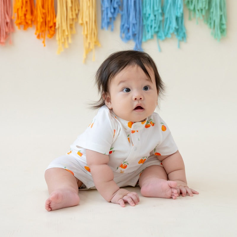 Mandarin Orange Series - Baby Jersey Romper in Classic Orange Print by Le Petit Society
