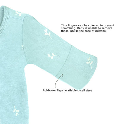 An infographic demonstrating the two-way zipper of a mint blue baby zip sleepsuit, and its function of providing an easy access to outfit and diaper changes.