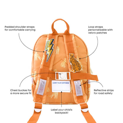 Infographic demonstrating the various features of the mini explorer preschool bag. 