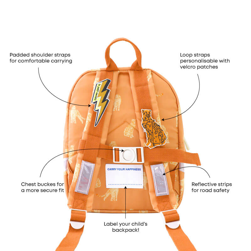 The various features of an orange preschool bag.